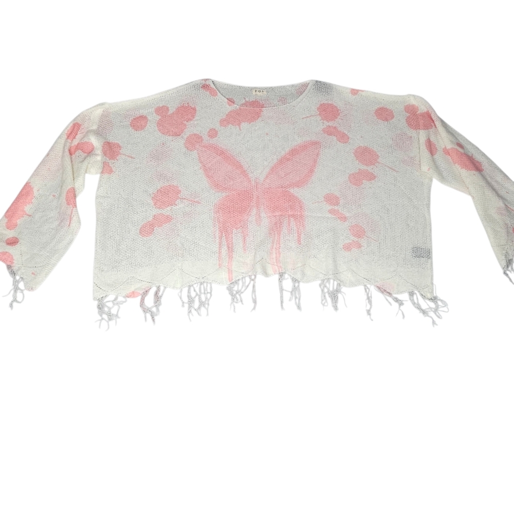Anthropologie POL Oversized Thin Knit Cropped Butterfly Fringe Sweater‎ Sz Large